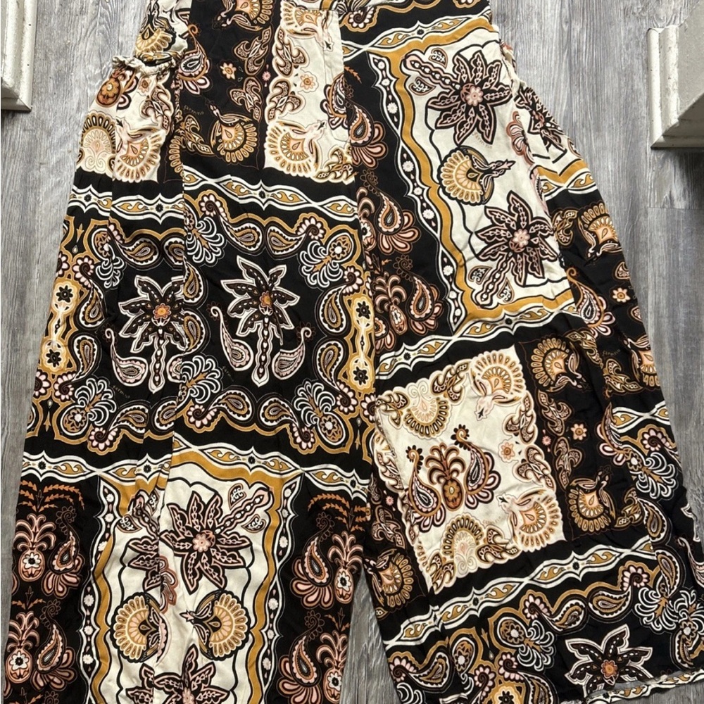 Farm Rio Anthropologie Printed Wide-Leg Pants Size XL Brown Black gold pink